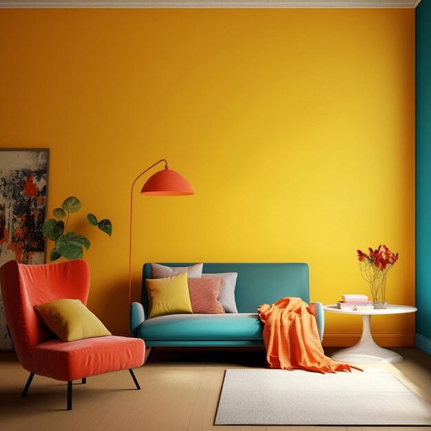 a living room with a yellow wall and a red lamp