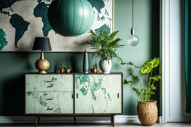 The living rooms decor is stylish and eclectic with a retro cabinet a globe shaped pendant lamp marble pedestals and beautiful accents Wall of an abstract background minimalistic interior desig