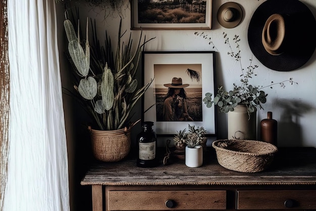 The living rooms decor is wabi sabi and it includes a wooden console a vase of paper flowers accessories and desk space a minimalistic idea Template