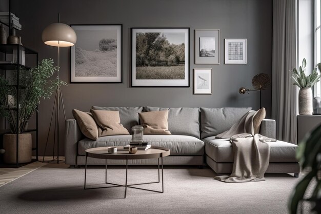 The living rooms gray design is chic and understated Beige carpet a plaid sofa a floor lamp and a fake white frame on the wall