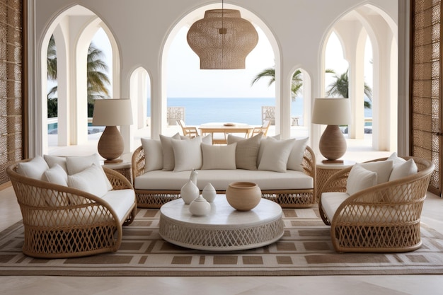 A living space adorned with predominantly white decor and featuring furniture made of woven wicker