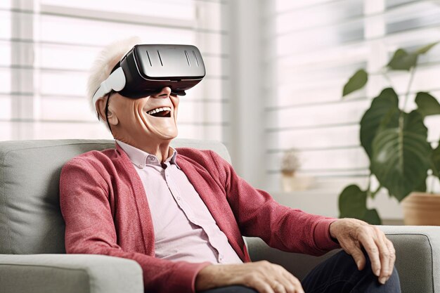 Living the future happy gepensioneerde man duikt in virtual reality
