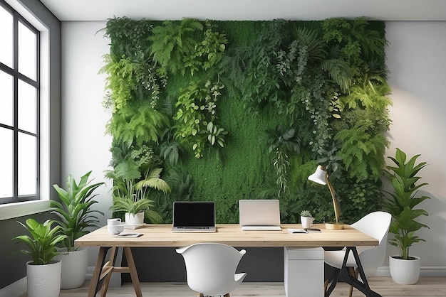 Photo living wall art in an ecofriendly office mockup with blank white empty space for placing your design