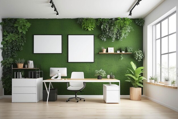 Photo living wall art in an ecofriendly office mockup with blank white empty space for placing your design