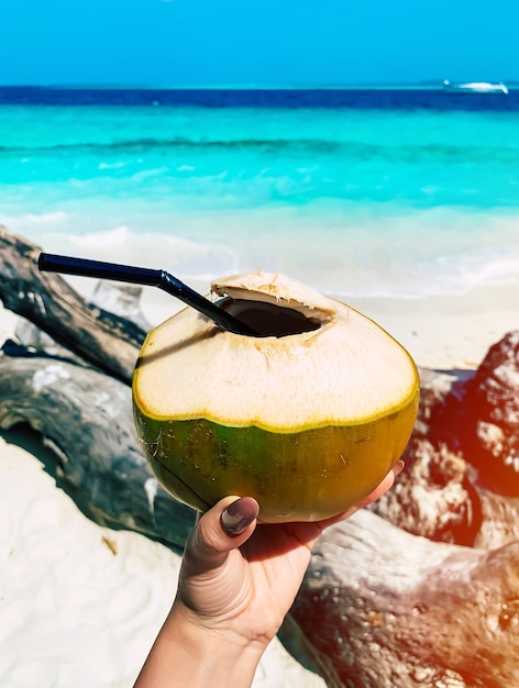生きている水。インド洋の前にある新鮮なココナッツ、白い砂浜、そして女の子の優雅な手にある枝とストロー