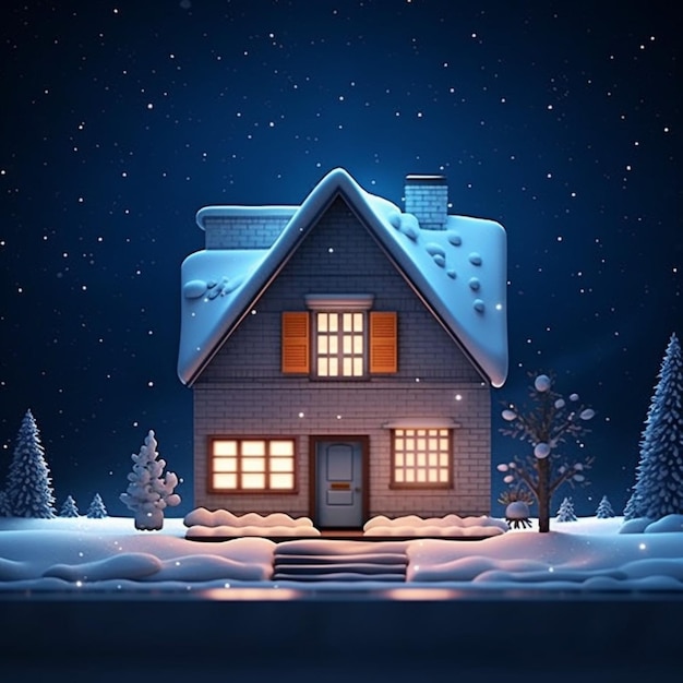 Живой зимний ночной дом уютный минимализм постройка AI Generated