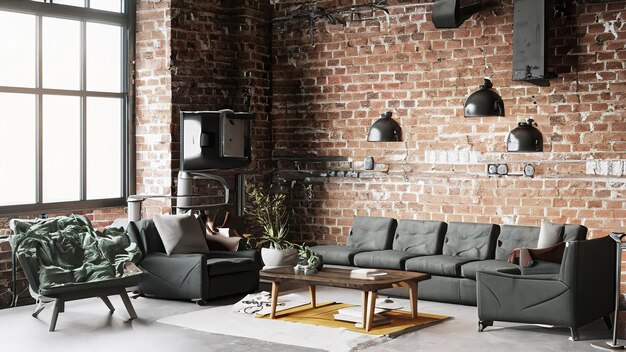 Foto livingkamer interieur in loft industriële stijl 3d render