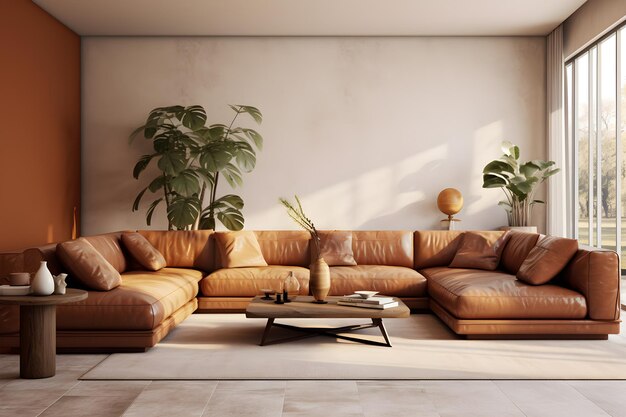 Livingkamer interieur met bruine banken en een tafel in de stijl van minimalistische ai generate