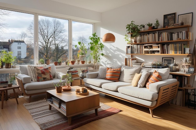 A livingroom with scandinavian design wooden floor