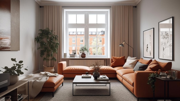 livingroom working area white and light wood tone interior Generative AI