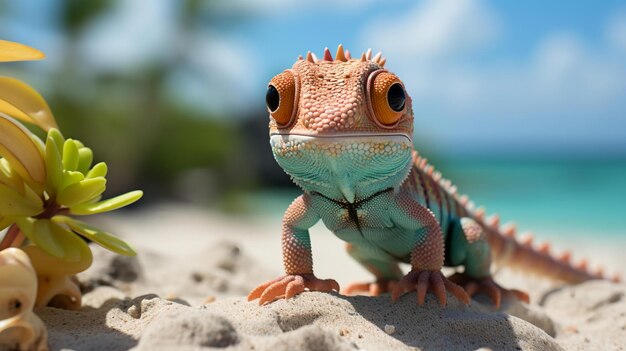 Photo a lizard on the beach with a mask on his head