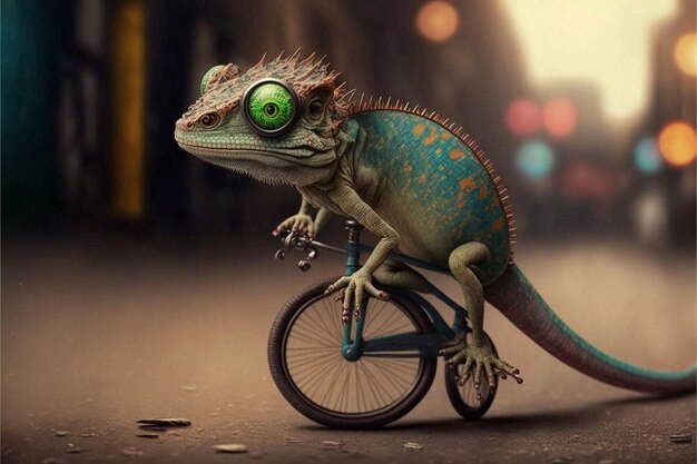 a lizard on a bicycle with a green eye.