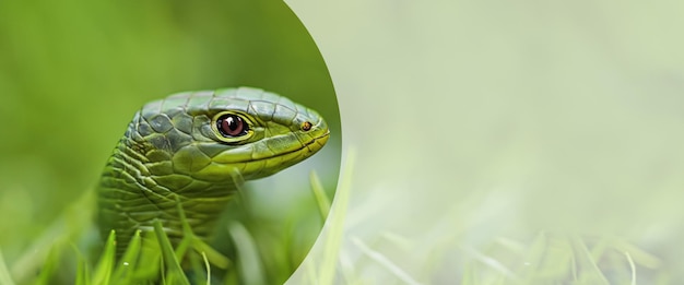 Lizard closeup in green grass Reptile in natural habitat green exotic tropical animal on green meadow Copy space