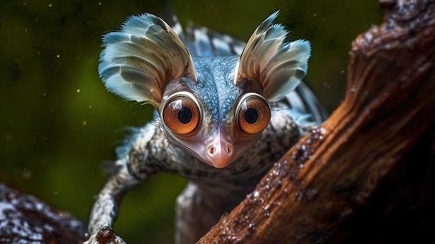 A lizard creature with a blue head and big eyes looks at the camera