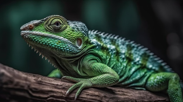 Lizard forest dragon on wood with black background animal closeup