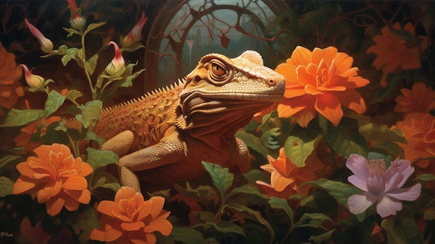 Lizard in a garden with flowers and a window in the background generative ai