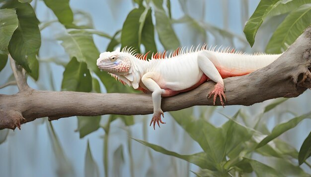 a lizard is on a tree branch with leaves
