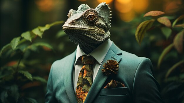 A lizard is wearing a suit and tie