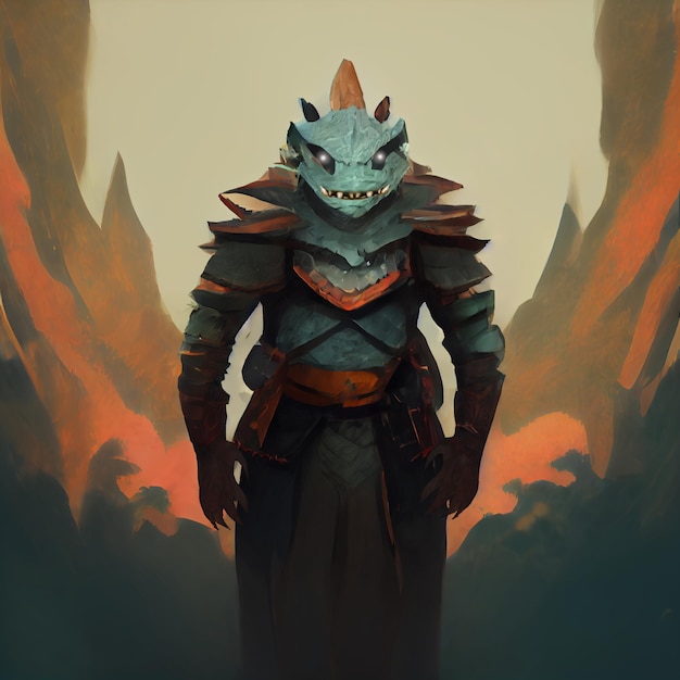 A lizard man wearing a warrior's armor, character concept