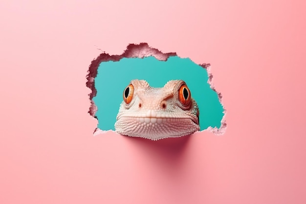 Lizard peeks in surprise through a hole in the paper on a pastel pink background with copy space