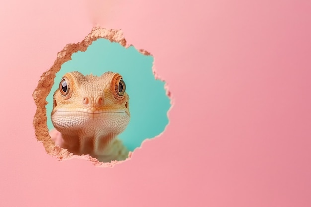 Lizard peeks in surprise through a hole in the paper on a pastel pink background with copy space