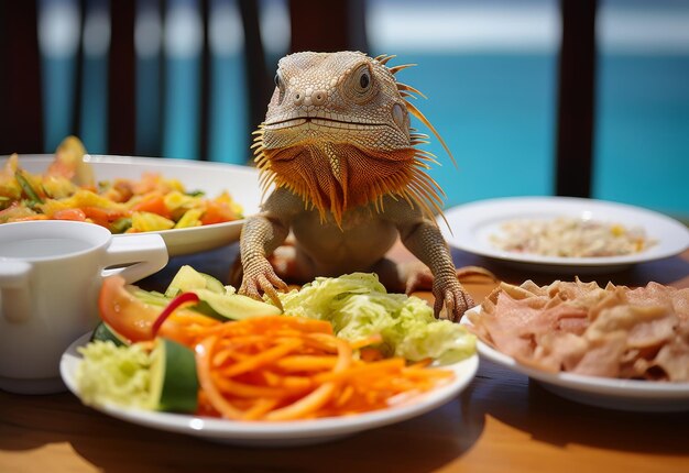 テーブルの上の食べ物の皿にとまるトカゲ