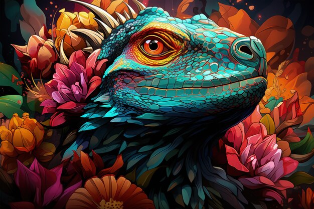 Photo lizard portrait of beatiful color chamelon extreme closeup generative ai