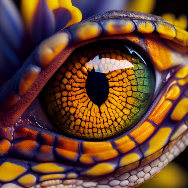 Photo a lizard's eye is a bit of a yellow, orange and purple.