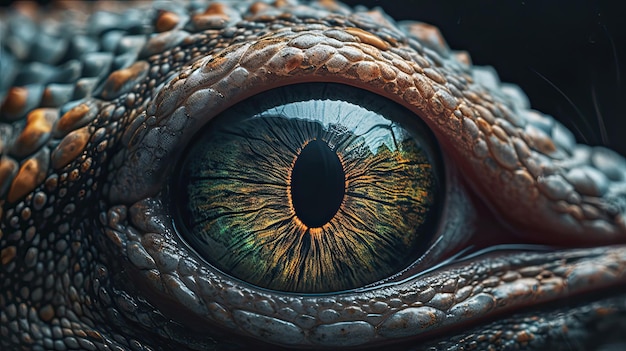 A lizard's eye is shown with the sun shining on it.