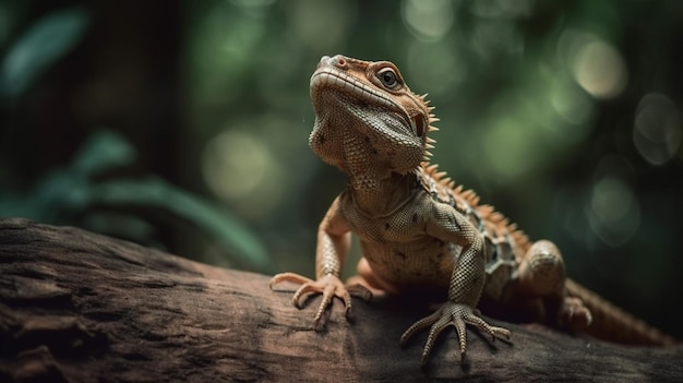 A lizard sits on a branch in a dark room.