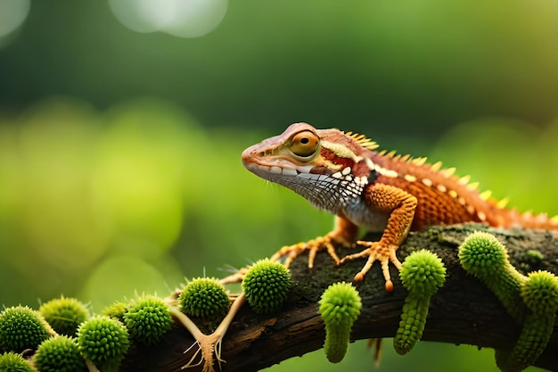 A lizard sits on a branch with a green background.