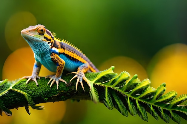 A lizard sits on a branch with a green leaf in the background.