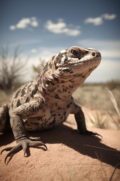 A lizard sits on a rock in the desert.