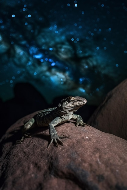 Photo a lizard sits on a rock in front of a starry sky