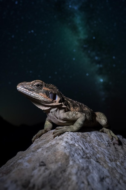 Photo a lizard sits on a rock with the milky way in the background.