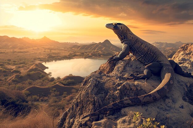 A lizard sits on a rock with a sunset in the background