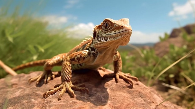 Lizard sitting on brown stone in the sunlight