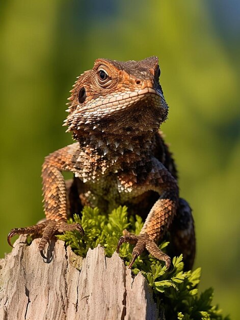 Photo a lizard sitting on top of a tree stump