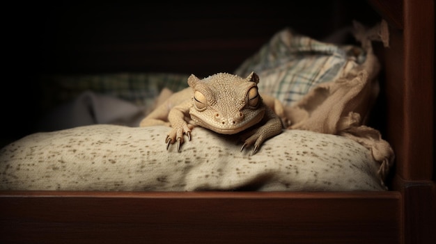 Photo a lizard in tiny bed as if tucked for the wallpaper