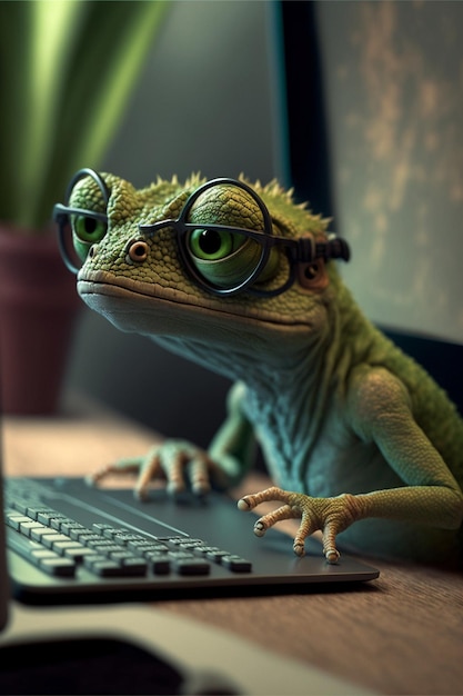 A lizard wearing glasses is typing on a keyboard.