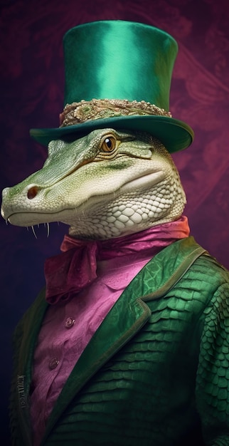 A lizard wearing a green top hat and green jacket Generative AI image