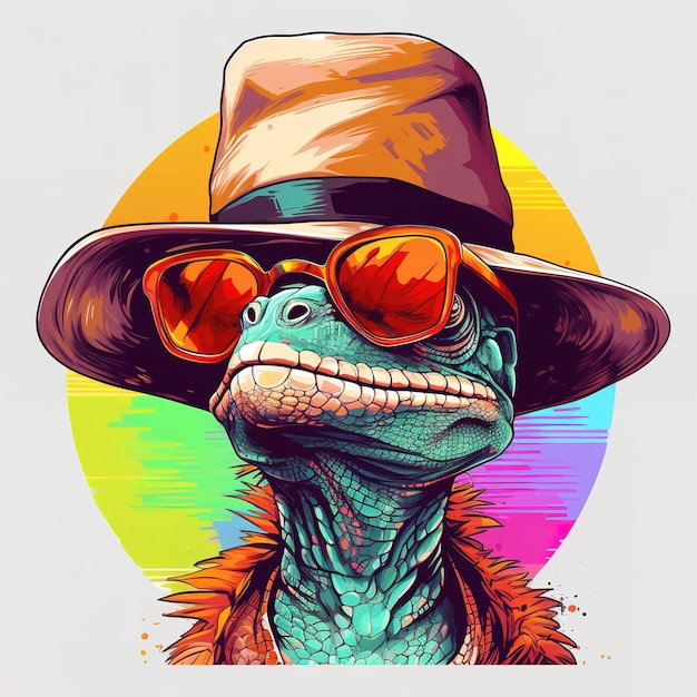 Lizard wearing hat with sunglasses Modern street style for sticker or tshirt design Generative AI