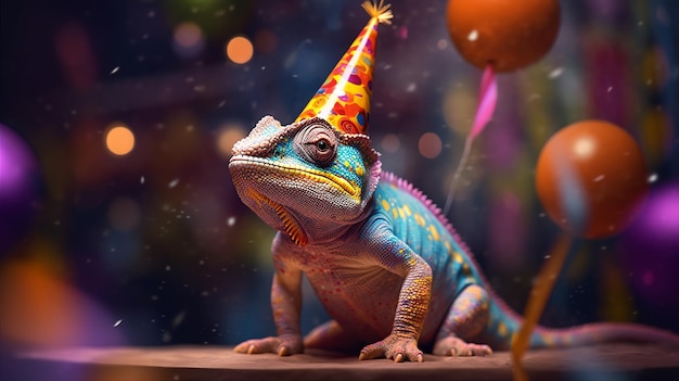 A lizard wearing a party hat sits on a table.