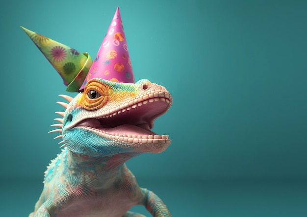 A lizard wearing a party hat that says