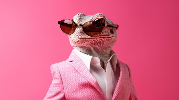 Photo lizard wearing pink suit and sunglasses on pink