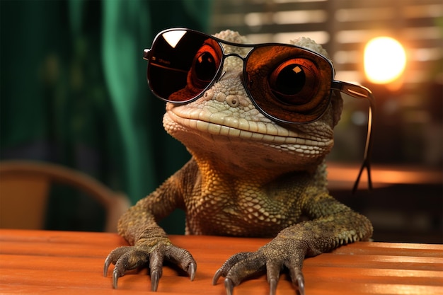 Photo lizard wearing sunglasses sitting on a table