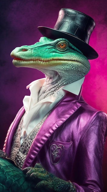 A lizard wearing a top hat and jacket Generative AI image