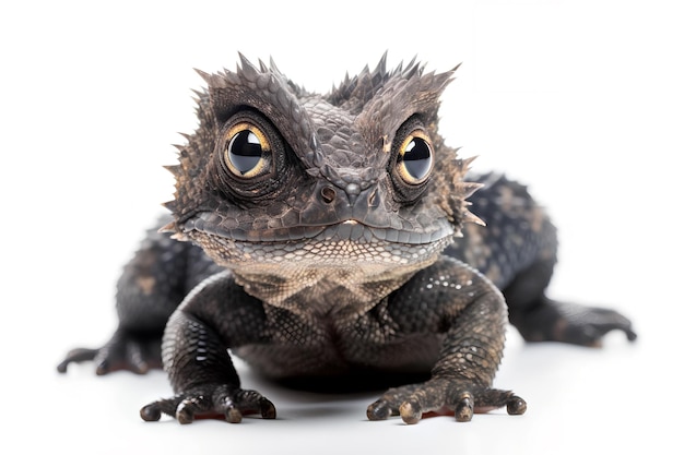 A lizard with a big, black eye sits on a white background.