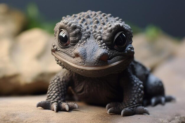 a lizard with a big black eyes and a white background