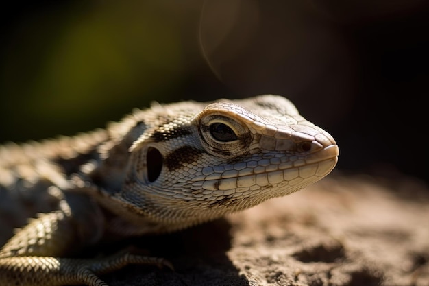 A lizard with a blue and black striped skin sits on a rock.